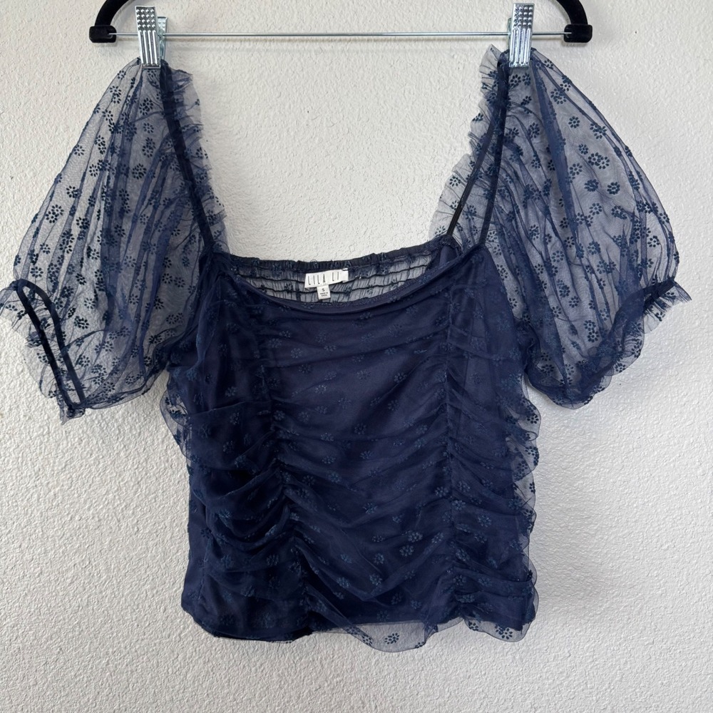 Lila Li Blue Floral Mesh Ruched Square Neck‎ Puff Sleeve Top Size Small